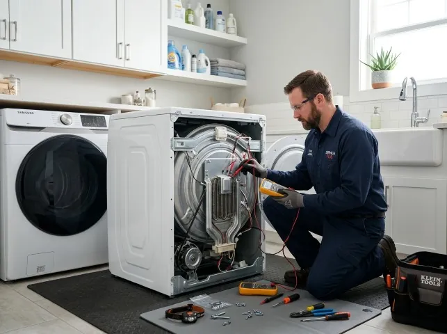 Appliance Repair Hero technician checking a dryer heating element with the rear panel off in Big Bend, WI
