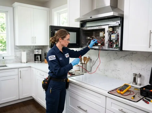 Appliance Repair Hero technician testing an over-the-range microwave in a Big Bend, WI kitchen