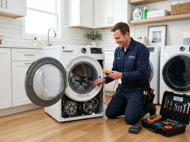Appliance Repair Hero technician testing a front-load washer with a multimeter on a Big Bend, WI service call